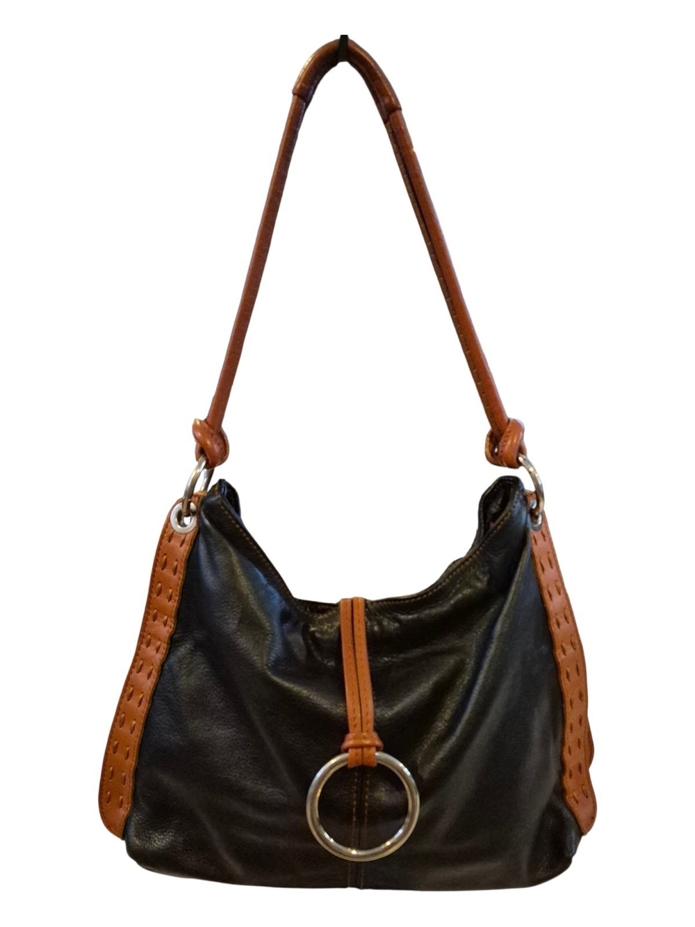 Borse In Pelle Black Pebbled Leather Tote With Brown Accents